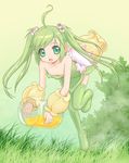  ahoge boots fairy flat_chest flying grass green_eyes green_footwear green_hair green_legwear hair_bobbles hair_ornament honey jar long_hair marurur outdoors pointy_ears solo summon_night summon_night_3 takayaki thighhighs twintails 