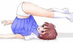  bend blush brown_hair copyright_request duplicate kneehighs legs_up panties pleated_skirt purple_eyes school_uniform serafuku short_hair skirt skirt_flip socks underwear upside-down white_legwear white_panties yatsune_rika 