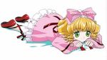  artist_request blonde_hair bow frills full_body green_eyes hair_bow hina_ichigo long_sleeves looking_away lying pantyhose pink_bow pink_shirt red_footwear rozen_maiden shirt shoes short_hair smile solo white_background white_legwear 