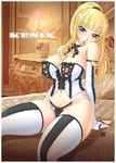  blonde_hair blue_eyes breasts copyright_request corset curvy huge_breasts kenix lingerie nipples plump ponytail solo thighhighs thighs underwear wide_hips 