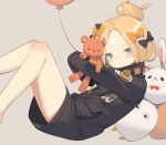  1girl abigail_williams_(fate/grand_order) balloon bangs bare_legs black_bow black_jacket blonde_hair blue_eyes blush bow brown_background closed_mouth commentary_request crossed_bandaids eyebrows_visible_through_hair fate/grand_order fate_(series) fou_(fate/grand_order) hair_bow hair_bun head_tilt heroic_spirit_traveling_outfit highres jacket long_hair long_sleeves looking_at_viewer medjed object_hug orange_bow parted_bangs polka_dot polka_dot_bow simple_background sleeves_past_fingers sleeves_past_wrists solo stuffed_animal stuffed_toy teddy_bear thighs yura_(botyurara) 