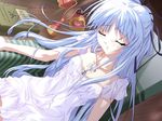  closed_eyes game_cg jewelry kisaragi_sarasa long_hair necklace pendant princess ribbon sleeping solo sorairo_no_organ ueda_ryou white_hair 