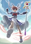  artist_request black_gloves bow brown_hair capelet fingerless_gloves gloves hair_ribbon holding holding_weapon left-handed legs long_sleeves looking_at_viewer lyrical_nanoha magazine_(weapon) magical_girl mahou_shoujo_lyrical_nanoha mahou_shoujo_lyrical_nanoha_a's polearm purple_eyes raising_heart red_bow ribbon shoes short_hair solo staff takamachi_nanoha twintails two_side_up uniform weapon winged_shoes wings 