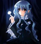  artist_request black_flower black_rose blue_hair brown_eyes character_request chiaroscuro copyright_request dark flower frills gathers gothic_lolita light_particles lolita_fashion long_hair long_sleeves rose sidelocks solo 
