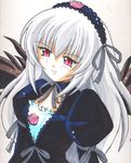  artist_request black_dress blush brown_wings detached_collar dress flower from_above grey_background hairband lolita_hairband long_hair long_sleeves lowres pink_eyes ribbon rose rozen_maiden silver_hair simple_background smile solo suigintou very_long_hair wings 