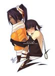  black_hair bleach dark_skin finni_chang gloves holding multiple_girls ponytail purple_hair shihouin_yoruichi short_hair_with_long_locks sui-feng watermark 