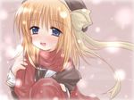  :d artist_request blonde_hair blue_eyes blush coat fuyou_kaede hat long_hair long_sleeves open_mouth pov red_scarf scarf shuffle! smile solo upper_body winter_clothes winter_coat 