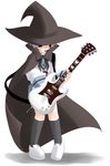  black_legwear brown_eyes cape electric_guitar full_body guitar hat instrument kita_high_school_uniform kneehighs nagato_yuki nanana purple_hair school_uniform serafuku shirt short_hair simple_background solo standing suzumiya_haruhi_no_yuuutsu white_background white_shirt witch_hat 