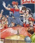  6+boys :d animal_ears black_hair brown_hair car choker copyright_name facial_hair fur_trim gloves ground_vehicle hand_gesture hat ishihara_goujin lowres luigi mario mario_(series) motor_vehicle multiple_boys mustache open_mouth overalls parted_lips short_hair smile steering_wheel super_mario_bros. v waving what white_gloves 