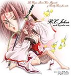  2006 baiken barefoot breasts breasts_apart guilty_gear japanese_clothes kataginu katana kimono long_hair long_sleeves masahiko_hirota medium_breasts no_bra one-eyed open_clothes open_kimono pink_eyes pink_hair scar scar_across_eye sheath solo sword unsheathing weapon 