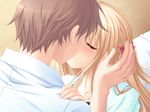  1girl blonde_hair blush brown_hair closed_eyes couple game_cg hair_ribbon hetero hug jewelry kiss long_hair necklace non-web_source ribbon sakurazawa_izumi touko_(wanko_to_lily) wanko_to_lily 