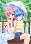  arino_hiroshi blue_hair brown_eyes closed_eyes dating dress hair_ribbon holding holding_umbrella long_hair midriff multiple_girls original pink_hair ribbon river shared_umbrella short_hair sitting skirt strapless strapless_dress umbrella 