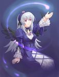  artist_request black_dress black_wings cross-laced_clothes dress flower frilled_sleeves frills ghost hairband lolita_hairband long_hair long_sleeves outstretched_arm pink_eyes rose rozen_maiden silver_hair sitting smile solo suigintou very_long_hair wings 