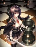  1girl black_hair black_jacket black_legwear black_skirt blazer blue_eyes breasts chess_piece chessboard collared_shirt cup6542 frilled_skirt frills from_above hair_intakes highres holding holding_sword holding_weapon jacket jacket_on_shoulders light_particles long_hair long_sleeves looking_at_viewer medium_breasts miniskirt open_clothes open_jacket original parted_lips red_neckwear ribbed_shirt rook_(chess) school_uniform shirt sidelocks skirt solo standing sword thighhighs underbust weapon white_shirt zettai_ryouiki 