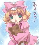  :d artist_request blonde_hair blue_background bow cowboy_shot green_eyes hair_bow hina_ichigo holding long_sleeves looking_at_viewer lowres oekaki open_mouth pink_bow pink_shirt pink_skirt rozen_maiden shirt short_hair skirt smile solo stuffed_animal stuffed_toy teddy_bear 