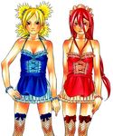  artist_request bare_shoulders blonde_hair blue_dress breasts cleavage collarbone cowboy_shot dress fishnet_legwear fishnets frills halterneck hand_on_hip medium_breasts multiple_girls naruto naruto_(series) quad_tails red_dress serious simple_background sleeveless sleeveless_dress spiked_hair standing tayuya temari thighhighs white_background zettai_ryouiki 