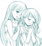  aqua closed_eyes collarbone frills hanamoto_hagumi hand_on_another's_shoulder hands_clasped honey_and_clover kusui_aruta long_hair monochrome multiple_girls own_hands_together shirt smile white_background yamada_ayumi 
