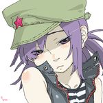  artist_request blush eyeshadow frown gorillaz hat lowres makeup noodle_(gorillaz) oekaki purple_eyes purple_hair red_star sad short_hair simple_background solo striped tank_top 