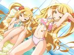  adjusting_hair armpits arms_up barefoot bikini blonde_hair blue_bikini breasts chair covered_nipples drink drinking_straw dutch_angle game_cg indoors kawahara_makoto kissing!!_~under_the_mistletoe~ knees_up long_hair lounge_chair midriff mole mole_under_eye multiple_girls naughty_face navel pink_bikini pool poolside siblings side_ponytail sisters sitting small_breasts standing striped striped_bikini striped_swimsuit swimsuit takase_rion takase_shion towel twins water window yellow_eyes 