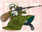  artist_request boots brown_hair camouflage goggles green_eyes gun heterochromia long_hair long_sleeves military_operator psl_romak red_eyes rifle rozen_maiden sniper_rifle solo suiseiseki very_long_hair weapon 