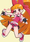  2006 :d akazutsumi_momoko belt black_gloves blush bow cameltoe covered_nipples cropped_jacket dated earrings fingerless_gloves flat_chest full_body gloves hair_bow hyper_blossom jewelry jumping kei_jiei long_hair looking_at_viewer miniskirt open_mouth orange_hair outstretched_arms panties pantyshot ponytail powerpuff_girls_z red_bow red_eyes red_footwear red_panties red_shirt red_skirt shirt shoes skirt smile solo spread_arms underwear yellow_background 