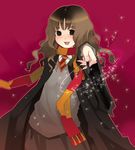  brown_eyes brown_hair harry_potter haruse_hiroki hermione_granger long_hair long_sleeves lowres magic necktie open_mouth scarf solo wand 