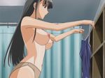  black_hair blue_eyes breasts brown_panties competition_school_swimsuit holding holding_swimsuit kuroda_kazuya large_breasts long_hair lowres mizushima_asa nipples one-piece_swimsuit one-piece_tan panties screencap solo sora_no_iro_mizu_no_iro swimsuit swimsuit_removed tan tanline topless underwear underwear_only 