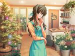  apron ayako_(messiah) brown_hair carnelian christmas_tree florist flower flower_shop game_cg green_eyes jewelry long_hair long_sleeves messiah_(game) necklace shop solo wreath 