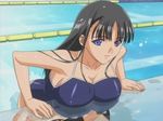  black_hair blue_eyes breast_rest breasts cleavage competition_school_swimsuit kuroda_kazuya lane_line large_breasts long_hair lowres mizushima_asa one-piece_swimsuit pool poolside reflection school_swimsuit screencap smile solo sora_no_iro_mizu_no_iro swimsuit wading water wet 