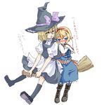  alice_margatroid blonde_hair blush broom broom_riding kirisame_marisa long_sleeves multiple_girls multiple_riders oekaki pantyhose sidesaddle simple_background tadano_kagekichi touhou white_background 