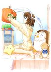  aizawa_tomomi barefoot bed bird blue_eyes brown_hair carrot feet hair_ribbon hashimoto_takashi long_sleeves owl pia_carrot_(series) pia_carrot_e_youkoso!! pumpkin ribbon short_hair short_twintails solo star stuffed_animal stuffed_toy sweater teddy_bear twintails 