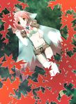  autumn_leaves cape devout final_fantasy final_fantasy_iii from_above green_eyes heterochromia looking_at_viewer lying midriff navel on_back pink_hair puffy_short_sleeves puffy_sleeves seer short_hair short_sleeves shorts solo thighhighs white_legwear white_mage yellow_eyes 