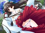  black_hair blush cross_world dress dress_lift game_cg long_hair long_sleeves panties pink_panties sakurazawa_izumi solo tsukika_himenogi underwear 