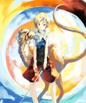  androgynous animal blonde_hair colorful myu original red_eyes reins shorts solo 