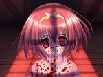  bangs blood blood_on_face bloody_clothes bow empty_eyes game_cg hair_between_eyes hair_bow hairband indoors jitome looking_at_viewer norita parted_lips red_eyes red_hair rhys_gruffydd shade shamana_shamana short_hair solo turtleneck upper_body wooden_floor 