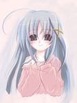  blue_hair collarbone frapowa grey_eyes hair_ornament hairclip long_hair long_sleeves looking_at_viewer lyrical_nanoha mahou_shoujo_lyrical_nanoha mahou_shoujo_lyrical_nanoha_a's off_shoulder pink_shirt reinforce_zwei shirt smile solo sweater upper_body x_hair_ornament 