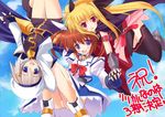  blonde_hair blue_eyes blush brown_hair fate_testarossa fingerless_gloves gloves hair_ornament hat interlocked_fingers long_sleeves lyrical_nanoha mahou_shoujo_lyrical_nanoha mahou_shoujo_lyrical_nanoha_a's multiple_girls panties pantyshot polka_dot polka_dot_panties purple_eyes red_eyes takamachi_nanoha thighhighs tsurusaki_takahiro twintails underwear waist_cape white_panties x_hair_ornament yagami_hayate 