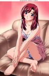  ankle_grab barefoot blush breasts cleavage closed_eyes couch feet full_body hands_together highres kazami_mizuho lingerie long_hair medium_breasts onegai_teacher parted_lips red_hair sleepwear soles solo third-party_edit third-party_watermark toes underwear uon_taraku v_arms watermark 