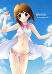  blush brown_eyes brown_hair cloud day dress hagiwara_yukiho idolmaster idolmaster_(classic) idolmaster_1 lowleg lowleg_panties makita_yoshiharu navel open_clothes open_dress panties pink_panties short_hair side-tie_panties sky solo standing thigh_gap underwear white_dress 