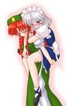  blush bococho carrying closed_eyes hong_meiling izayoi_sakuya maid multiple_girls piggyback smile touhou 