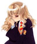  artist_request blush brown_eyes dress_shirt emblem harry_potter hermione_granger licking licking_hand light_brown_hair long_hair long_sleeves necktie robe rope school_uniform shirt simple_background solo sweater tongue tongue_out wavy_hair white_background wide_sleeves 