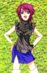  ahoge alternate_costume blue_skirt bracelet frills gundam gundam_seed gundam_seed_destiny hands_on_hips hirai_hisashi jewelry lunamaria_hawke miniskirt necklace pink_hair purple_eyes short_hair side_slit skirt solo thighhighs 