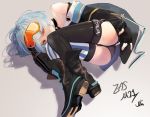  1girl absurdres bangs bare_shoulders blue_hair boots character_name choker collarbone dress earrings eyewear_on_head fingerless_gloves girls_frontline gloves goggles goggles_on_head highres jewelry korean_commentary looking_at_viewer lying mii_(0rnin) mismatched_legwear on_side orange_eyes short_hair signature simple_background solo striped striped_legwear thighhighs translation_request zas_m21_(girls_frontline) 