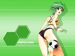  ass back ball bikini bracelet elnie_tachibana from_behind green_eyes green_hair highres jewelry jinki looking_back shadow short_hair soccer soccer_ball solo swimsuit telstar tsunashima_shirou wallpaper 