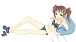  arm_support barefoot bikini blue_eyes brown_hair feet idolmaster idolmaster_(classic) idolmaster_1 legs lying mikage_sekizai pillow side-tie_bikini single_sock sock_dangle socks solo strap_slip swimsuit takatsuki_yayoi twintails 