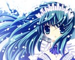  blue_eyes breasts cleavage copyright_request frills green_eyes green_hair large_breasts long_hair maid_headdress shikigami_azuma snowing solo wind 