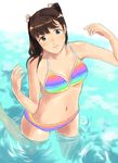  bikini brown_hair cowboy_shot grey_eyes long_hair looking_at_viewer navel original rainbow_gradient sanae_(satansanae) shiny shiny_skin smile solo striped striped_bikini swimsuit two_side_up wading water 