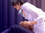  black_hair brown_eyes brown_hair carnelian chain closed_eyes collar dress_shirt fellatio game_cg katsuragi_takuto long_sleeves male_focus messiah_(game) multiple_boys oral sasamori_ryouta shirt yaoi 