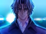  blue_eyes carnelian dress_shirt game_cg grey_hair kou_(messiah) male_focus messiah_(game) shirt smile solo trench_coat 