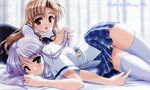  bed bekkankou blue_panties brown_eyes brown_hair feena_fam_earthlight green_eyes hozumi_sayaka keyorina multiple_girls panties pantyshot print_panties purple_hair school_uniform skirt thighhighs underwear wallpaper white_legwear white_panties yoake_mae_yori_ruri_iro_na 